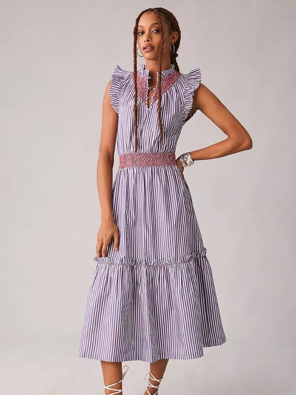 Clare V Joelle Ruffled Dress in Purple/White Stripe Size Large